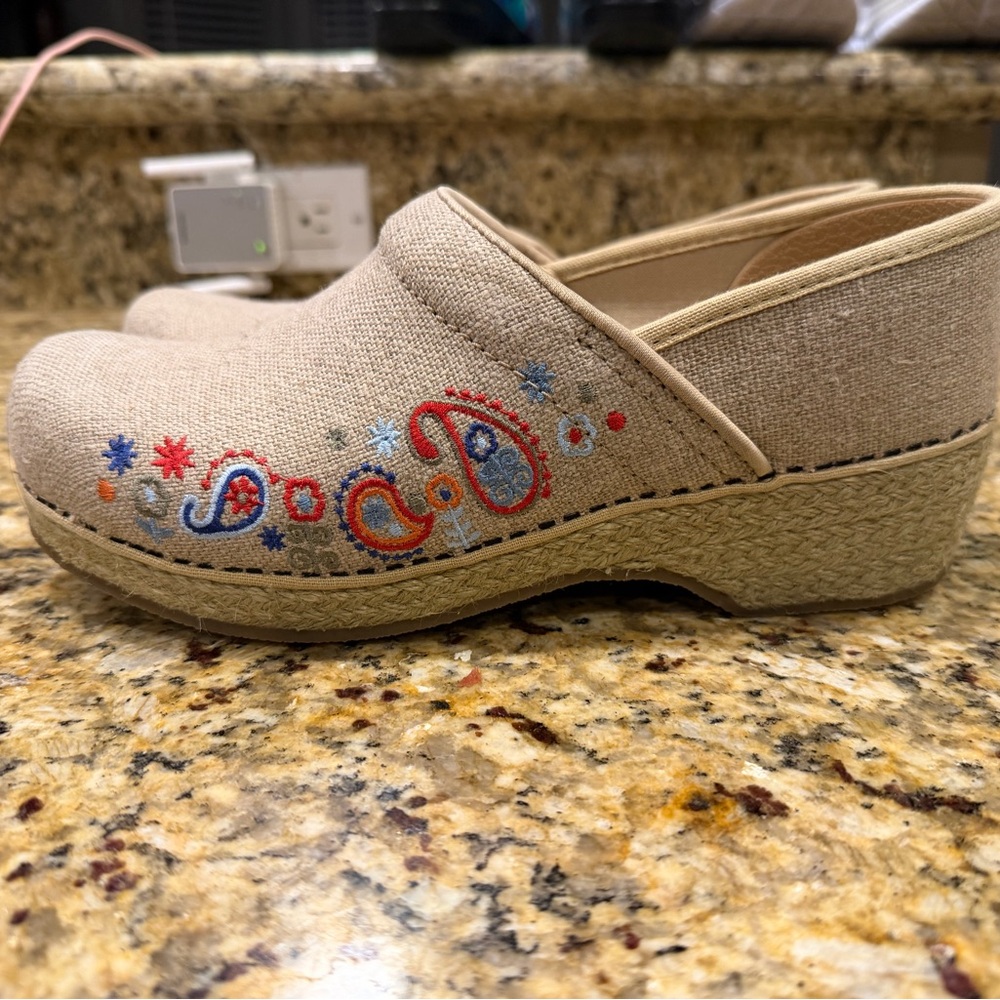 Dansko Beige Embroidered Clogs
